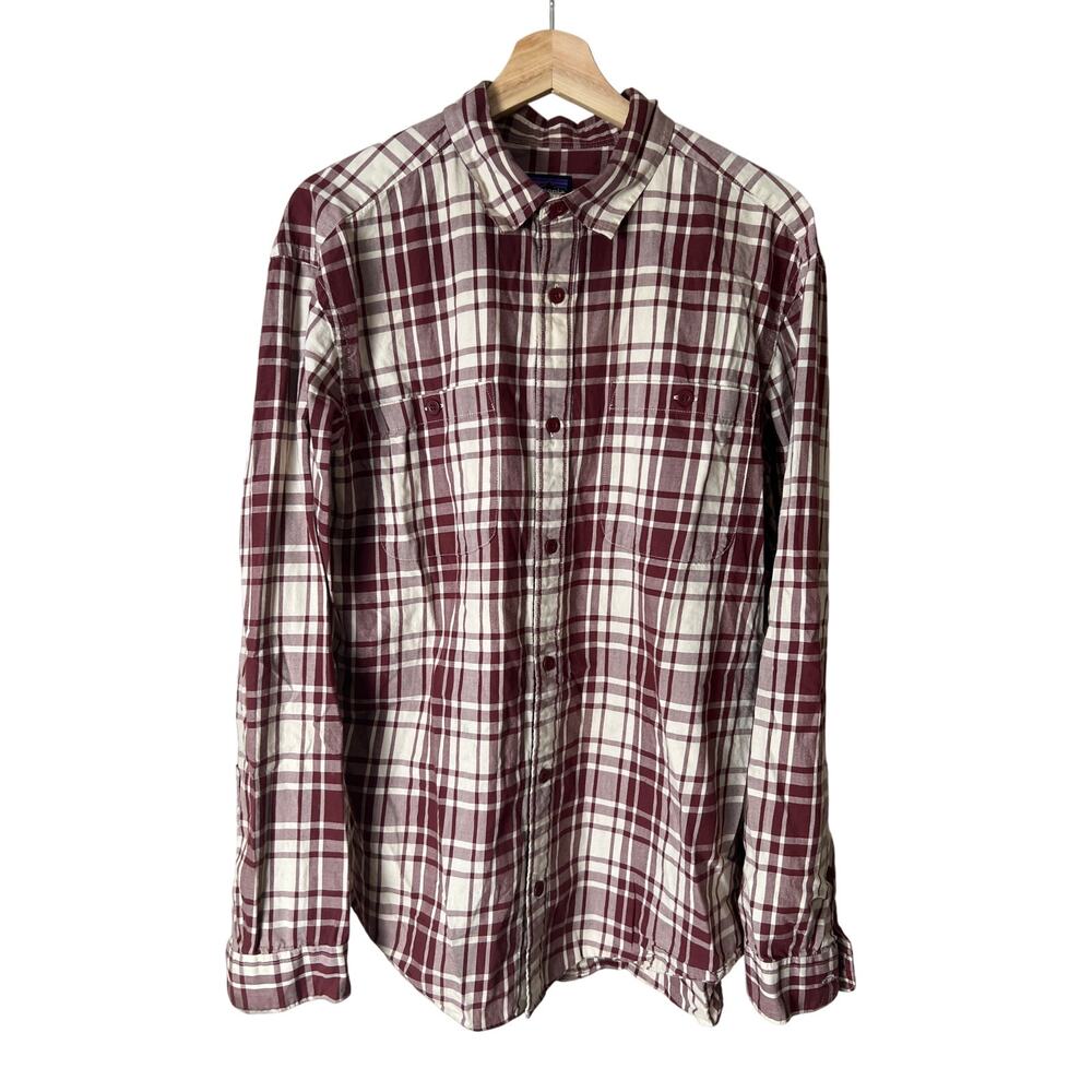 Patagonia Men's Maroon and White Plaid Dress Shirt